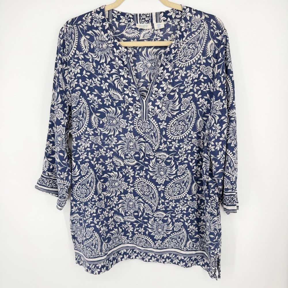 Sigrid Olsen 100% Linen V-Neck Tunic Top Sz XL Blue Paisley Floral Boho Coastal